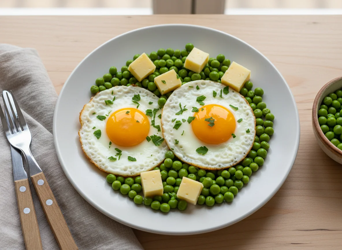 Ovos fritos com ervilhas e queijo photo