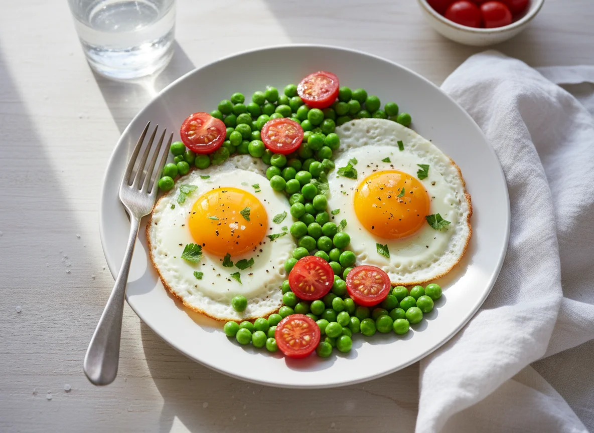 Ovos fritos com ervilhas e tomate cereja photo