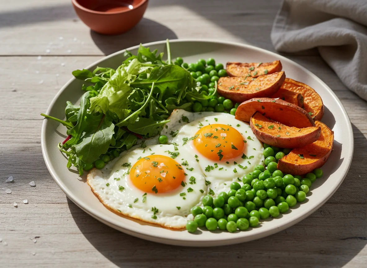 Ovos fritos com ervilhas, salada e batata doce photo