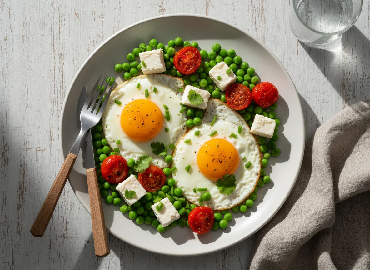 Ovos fritos com ervilhas, tomate e queijo photo