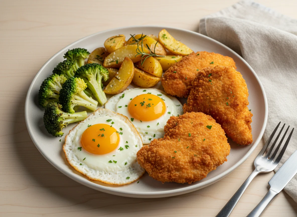 Ovos fritos com frango empanado e brócolis photo
