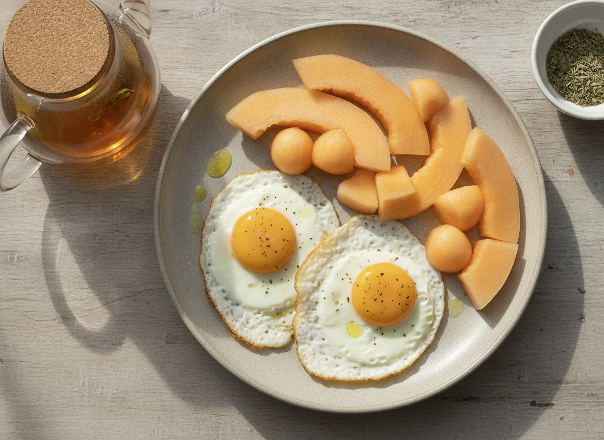 Ovos fritos com melão e chá photo