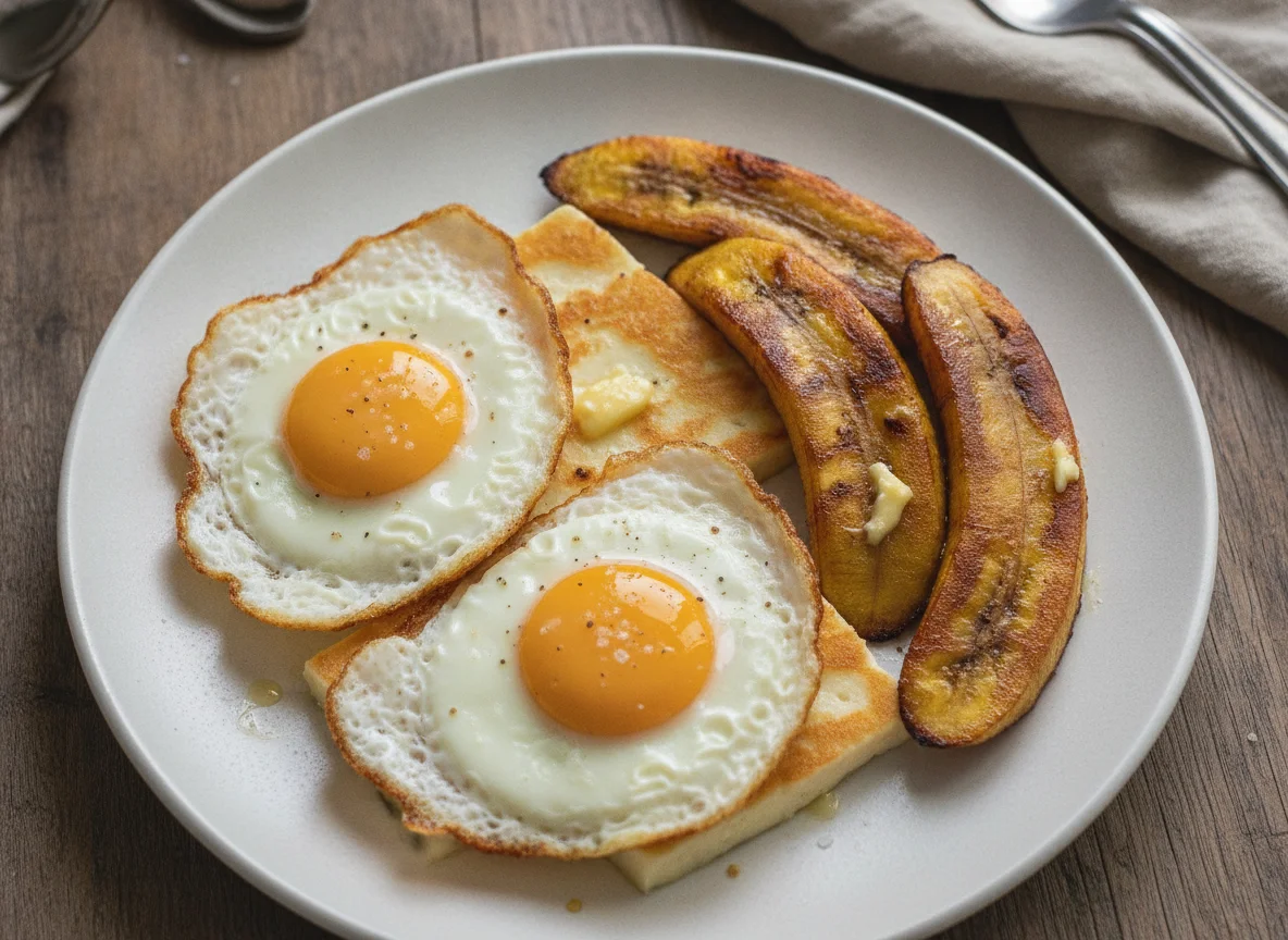 Ovos fritos com queijo e banana da terra grelhada photo