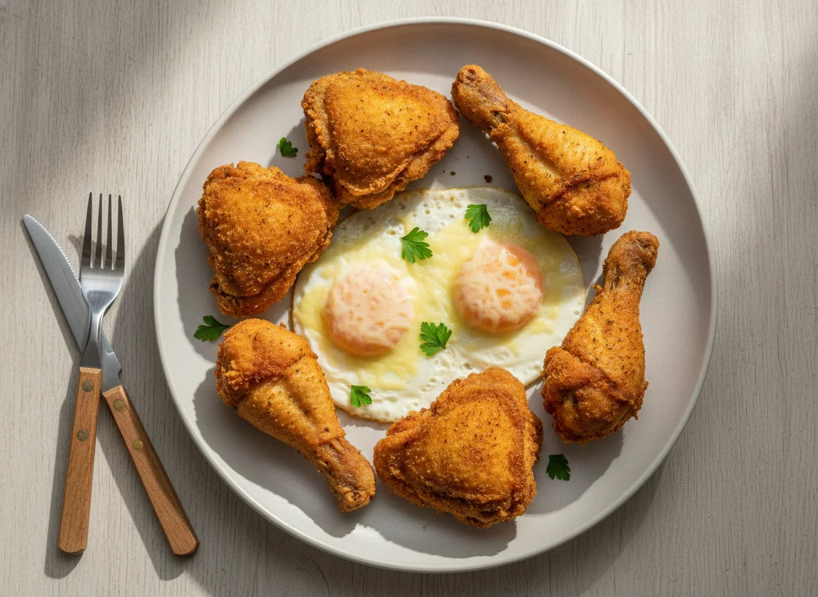 Ovos fritos com queijo e frango frito photo