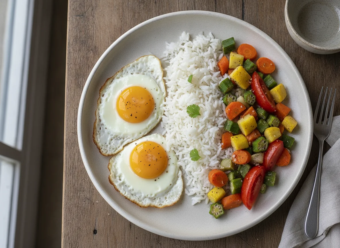 Ovos fritos com refogado de legumes e arroz photo