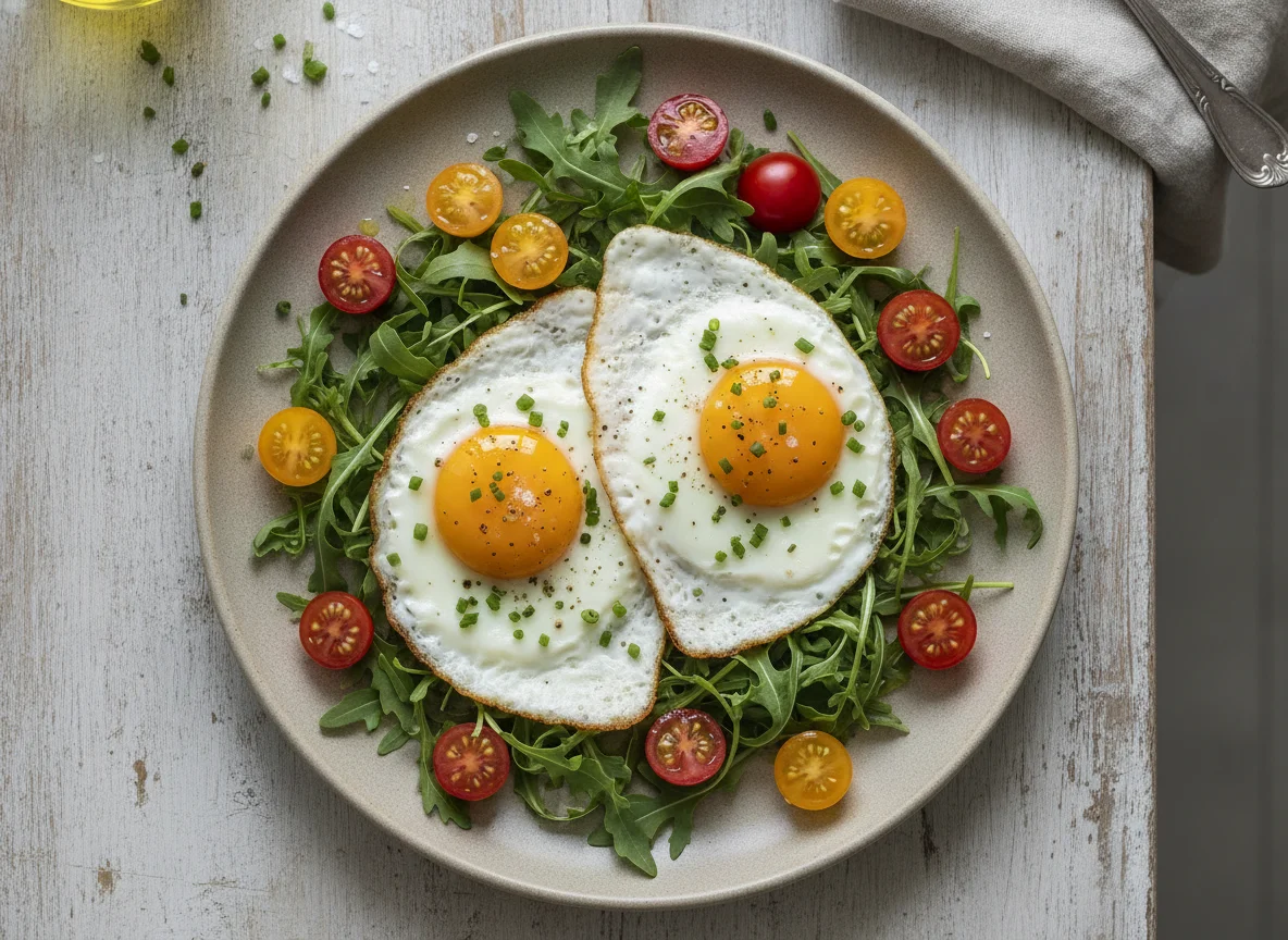 Ovos fritos com rúcula e tomate cereja photo