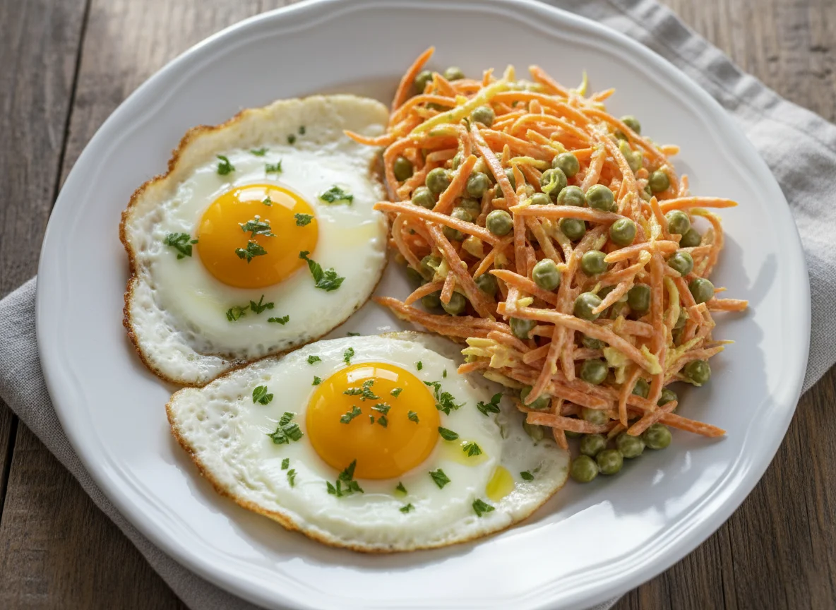 Ovos fritos com salada de cenoura e ervilha photo
