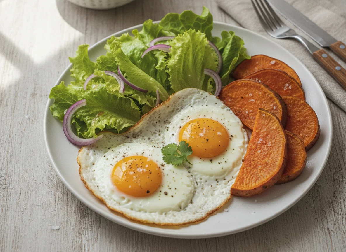Ovos fritos com salada e batata doce photo