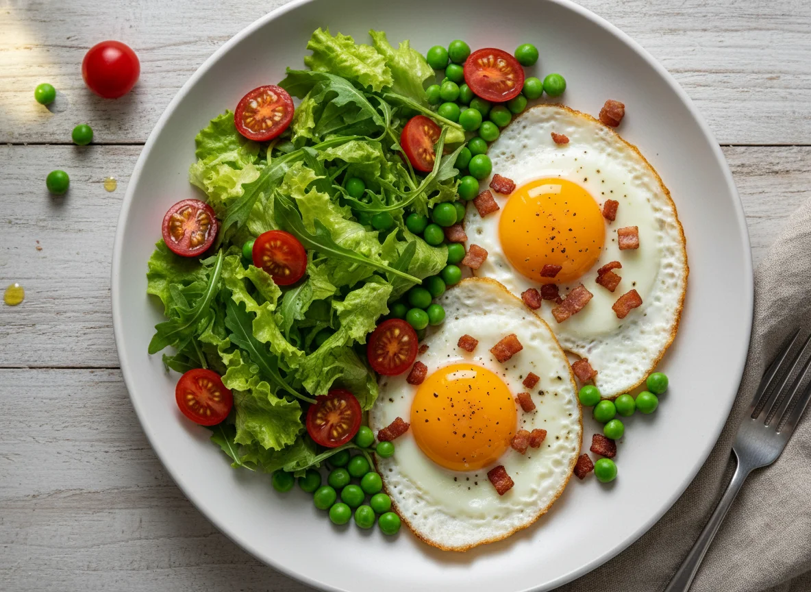 Ovos fritos com salada e ervilhas photo