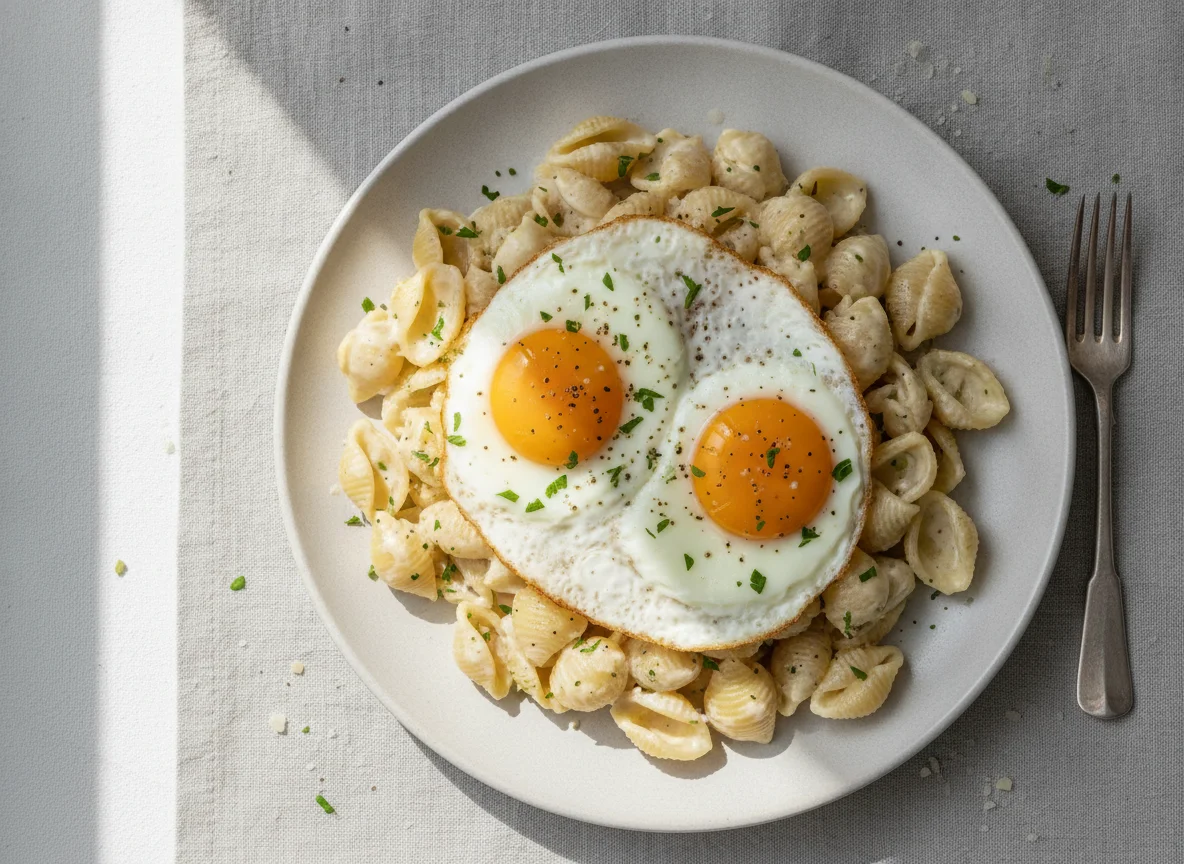 Ovos fritos e massa com molho branco photo