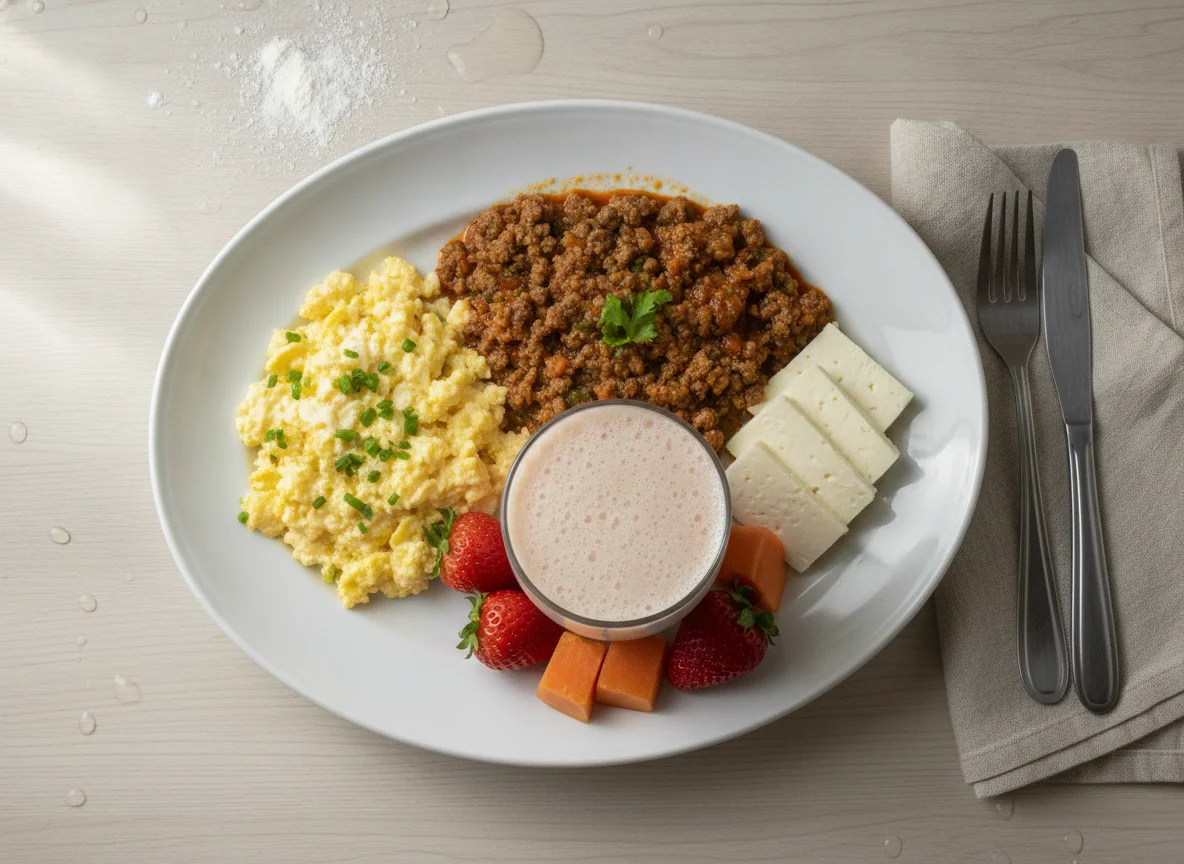 Ovos mexidos, carne moída, queijo branco e vitamina de frutas photo
