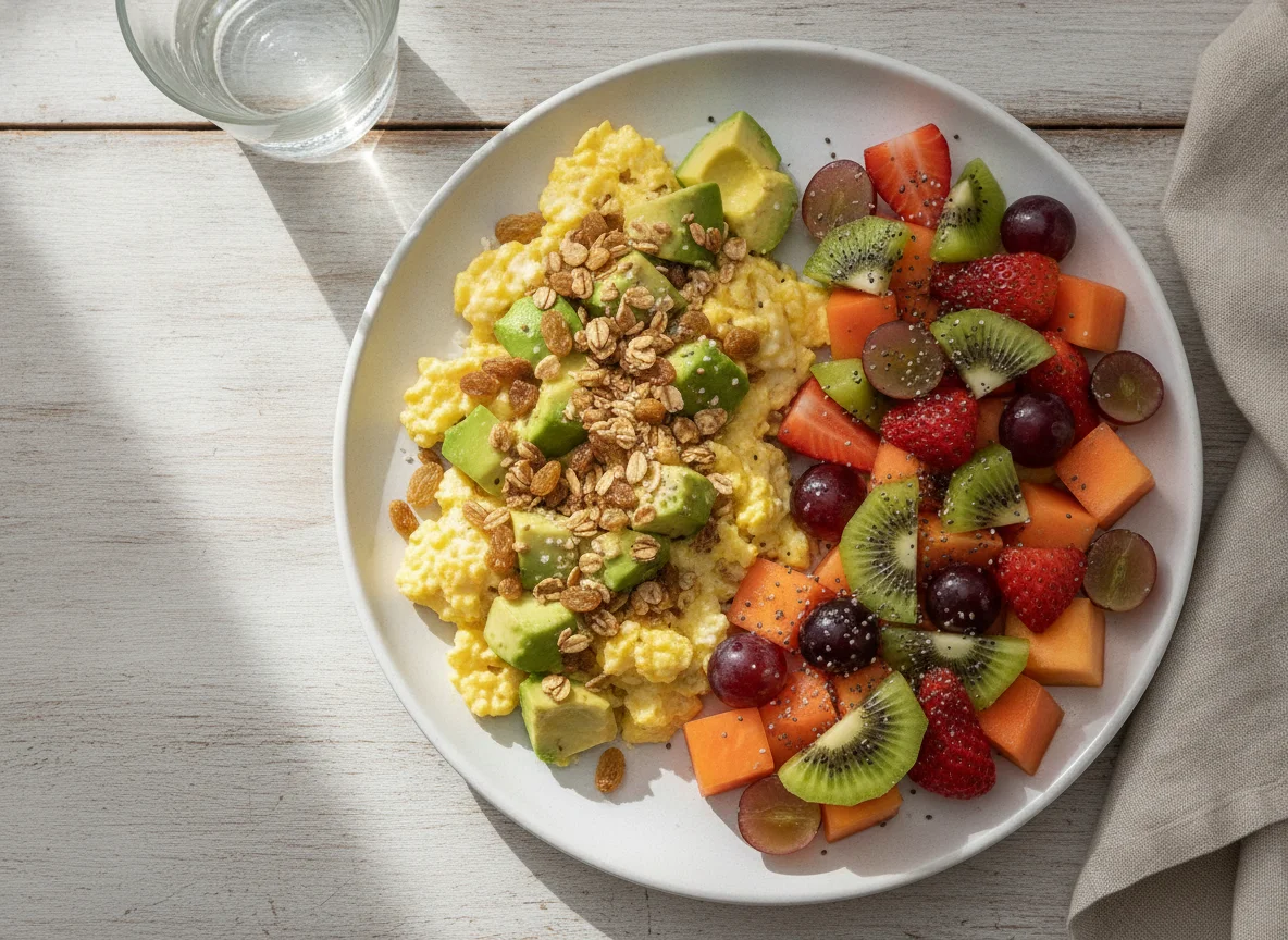 Ovos mexidos com abacate e salada de frutas photo