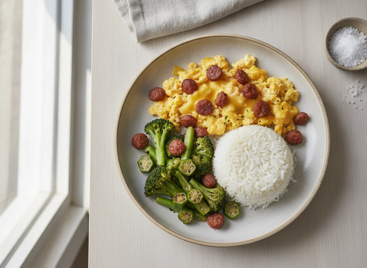 Ovos mexidos com arroz, brócolis e quiabo photo