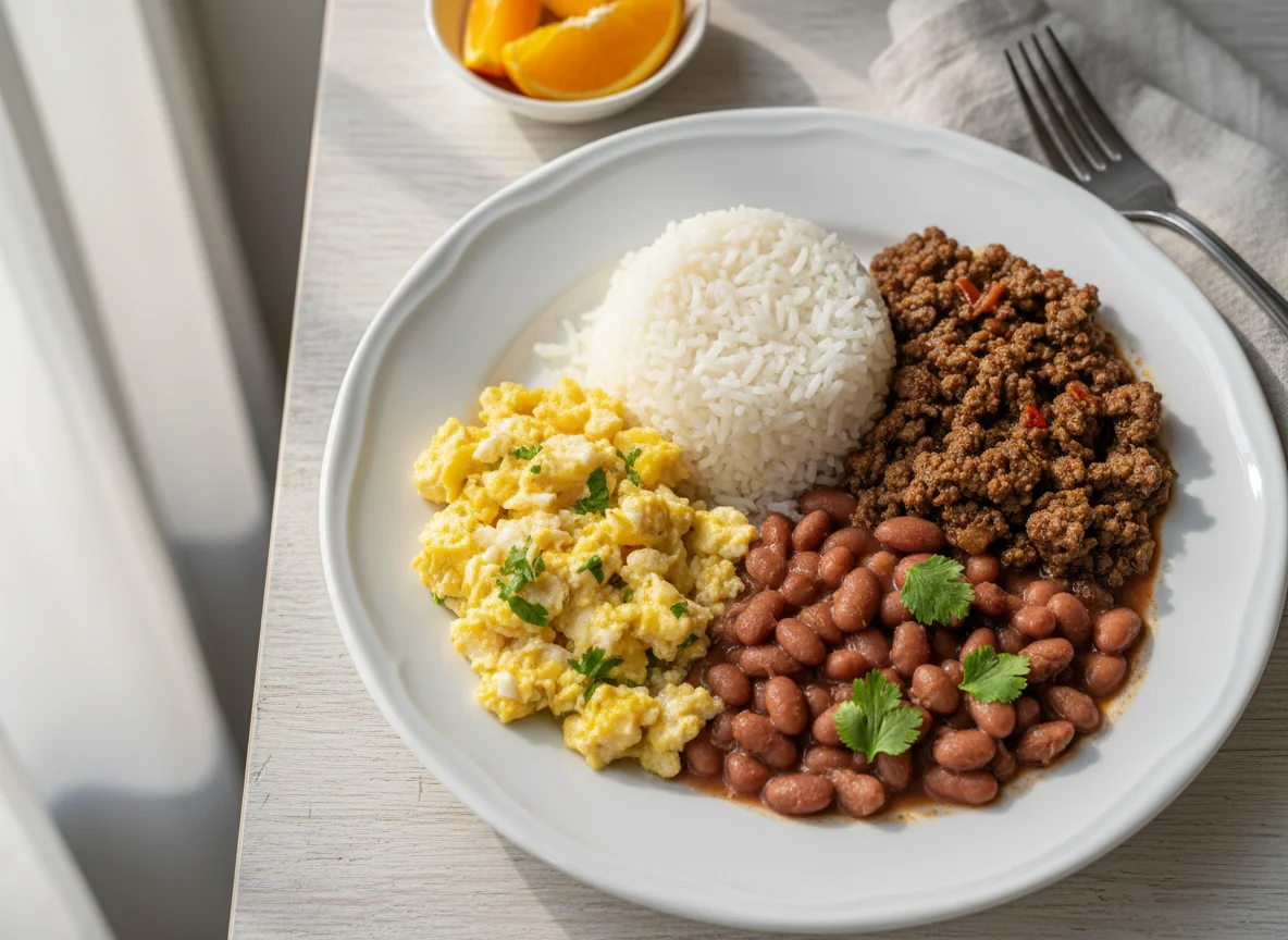 Ovos mexidos com arroz, carne moída e feijão photo