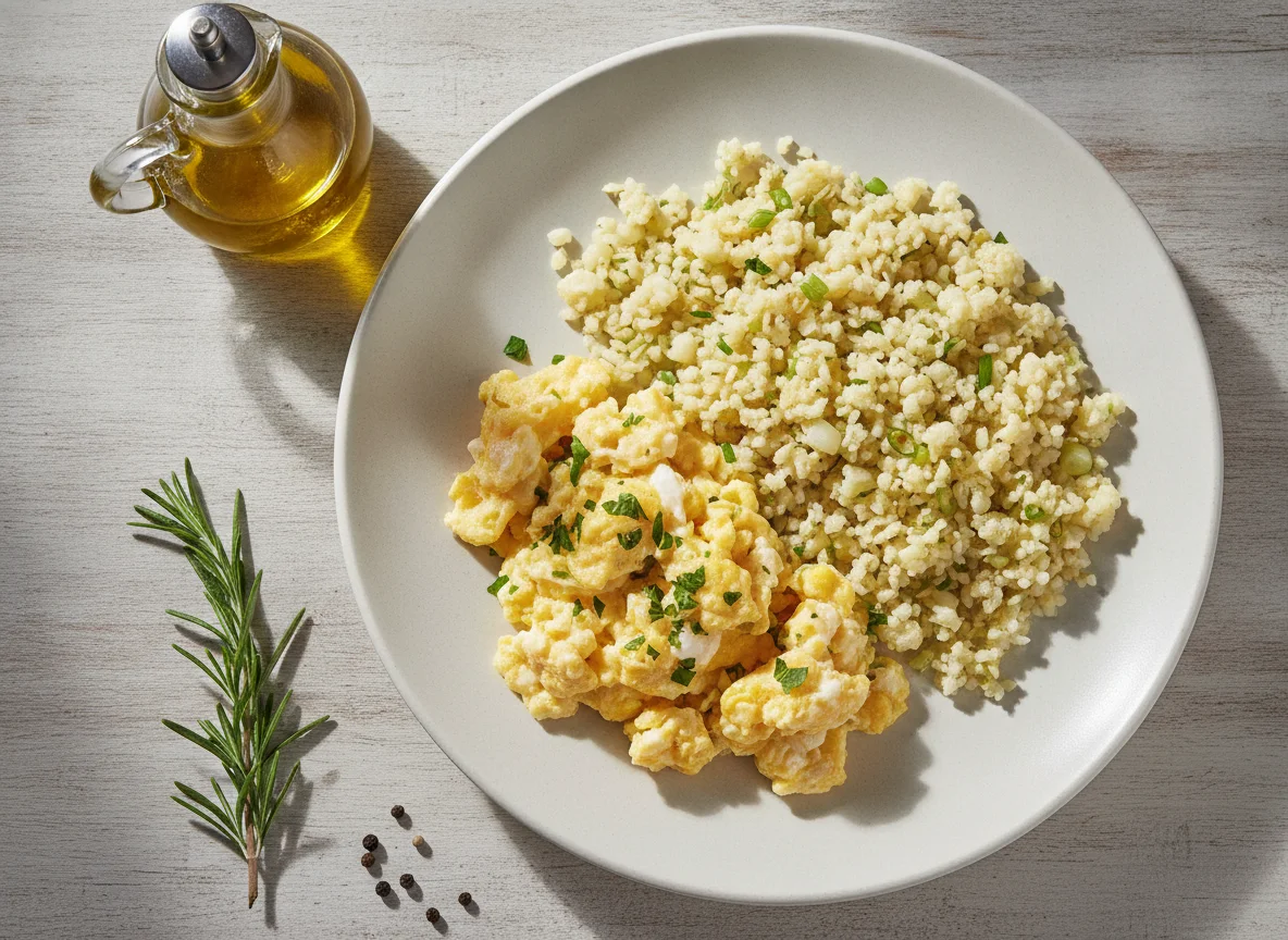 Ovos mexidos com arroz de couve-flor photo
