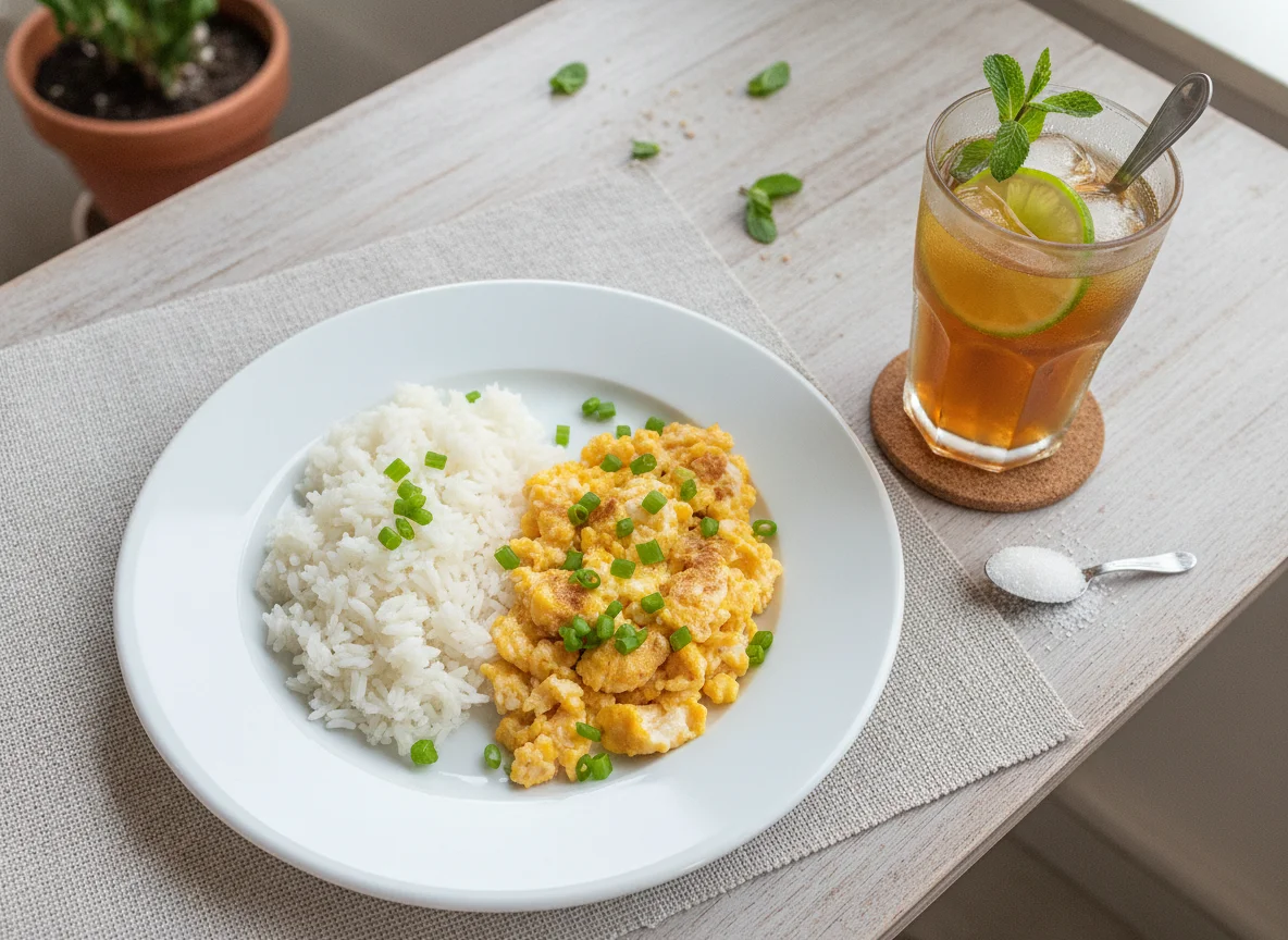 Ovos mexidos com arroz e chá gelado photo