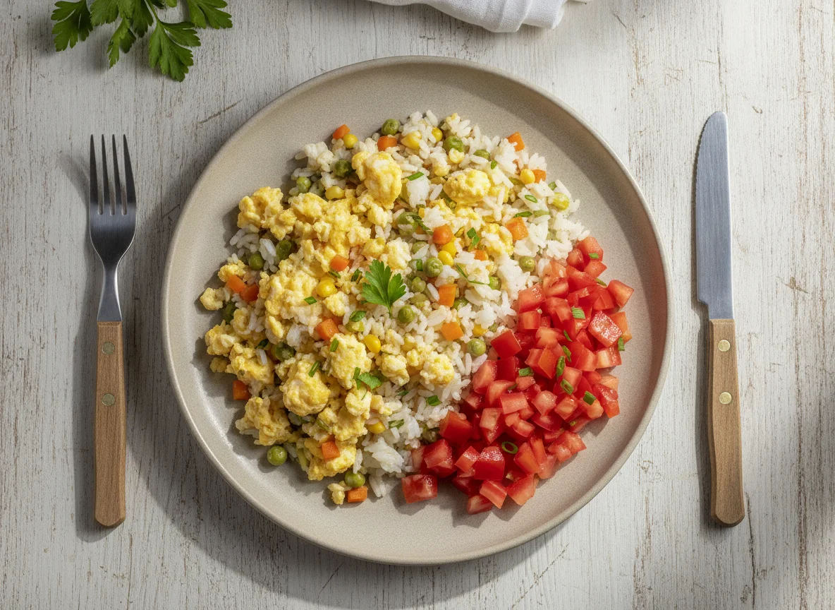 Ovos mexidos com arroz e vegetais photo