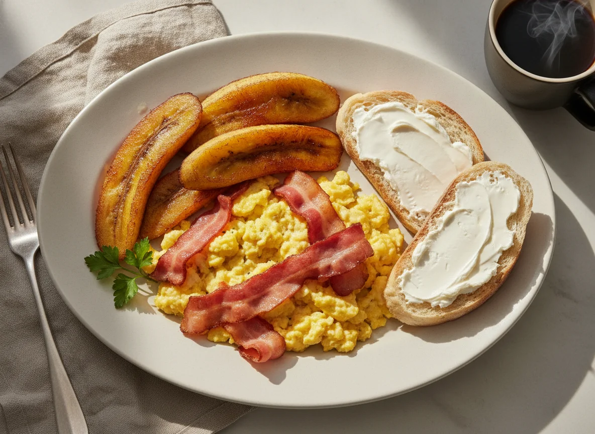 Ovos mexidos com bacon e banana frita no pão photo