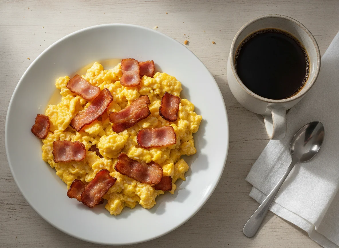 Ovos mexidos com bacon e café photo