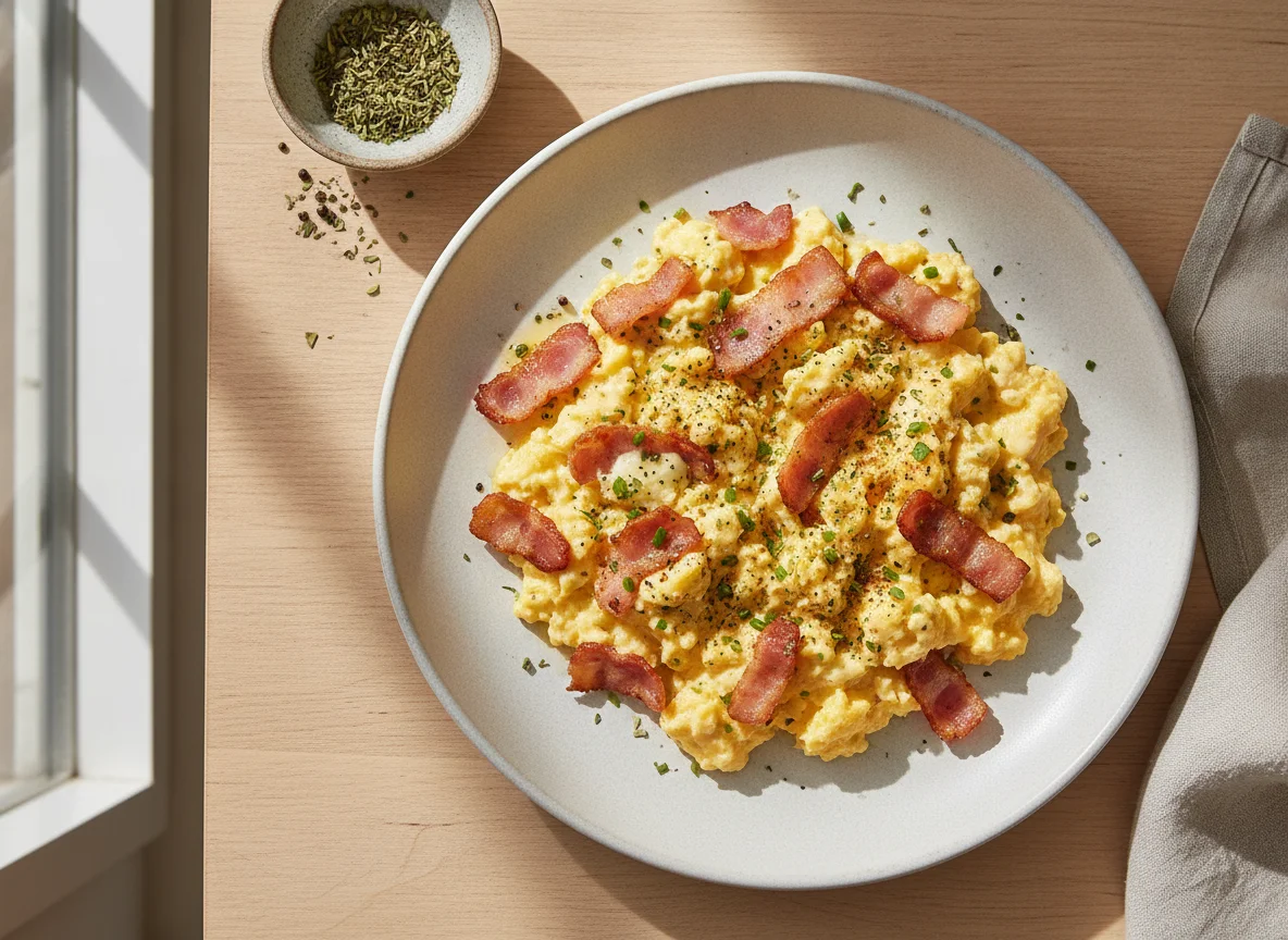 Ovos mexidos com bacon e ervas photo
