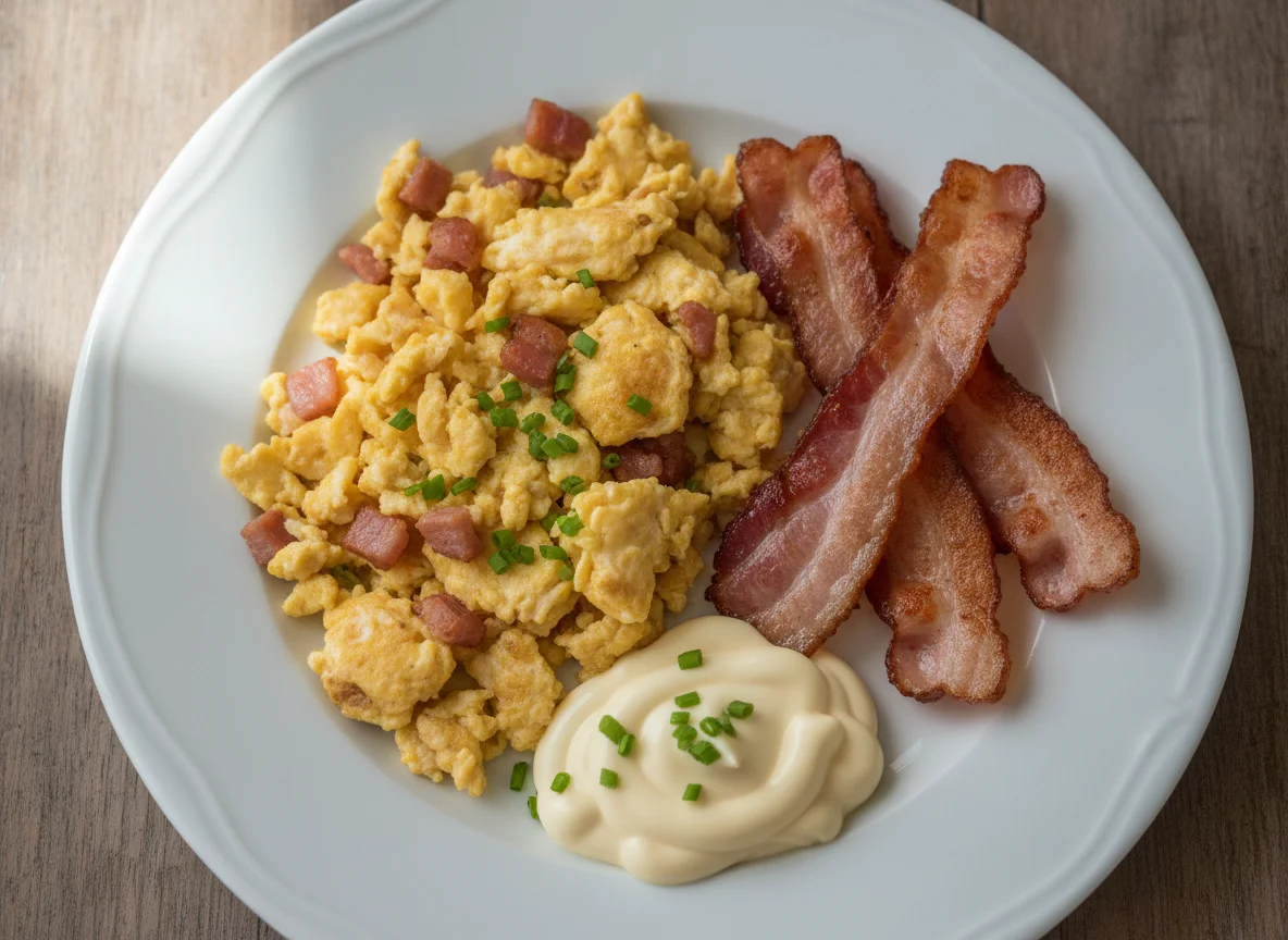 Ovos mexidos com bacon e maionese photo