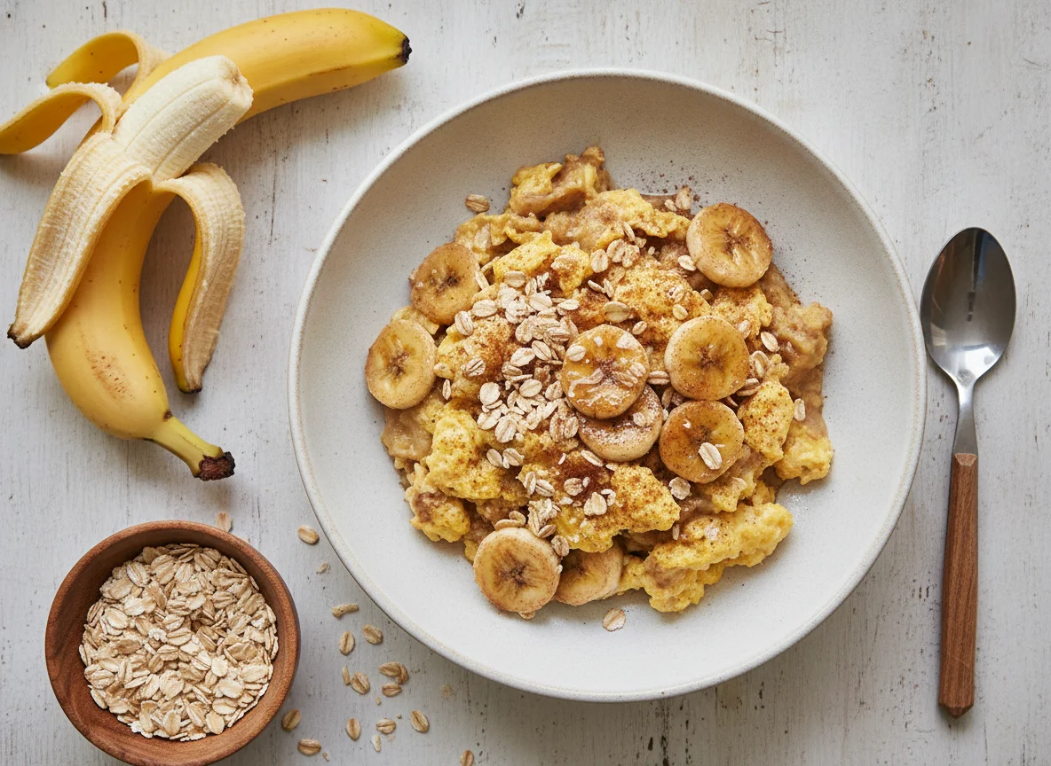 Ovos mexidos com banana amassada e aveia photo