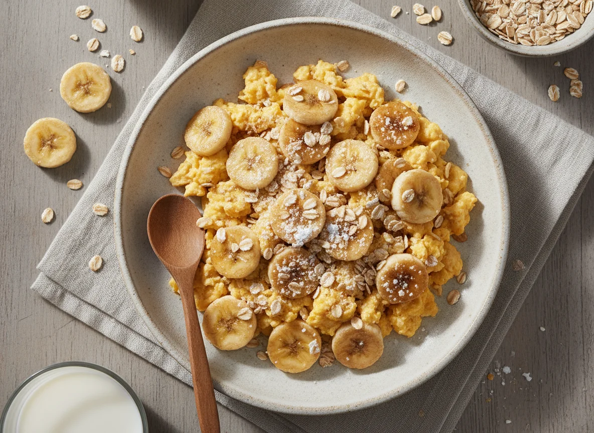 Ovos mexidos com banana e aveia photo