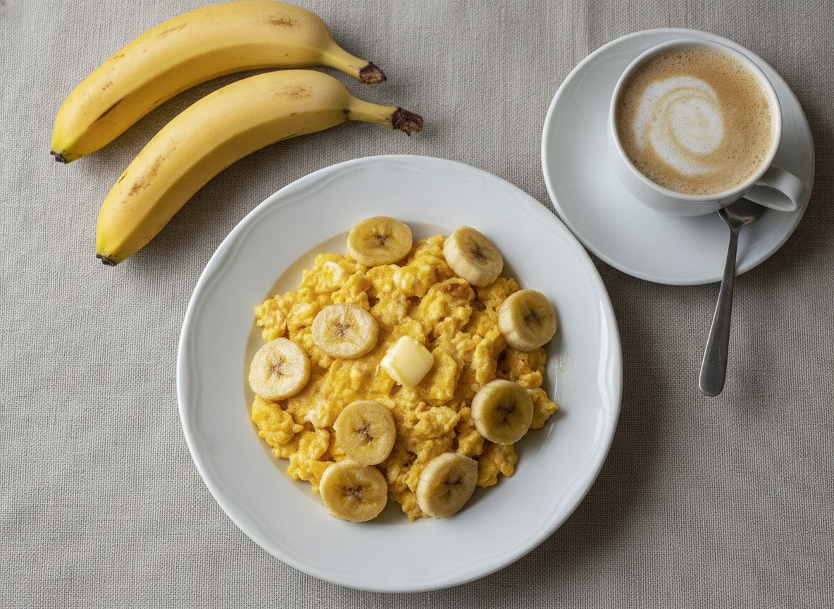 Ovos mexidos com banana e café com leite photo