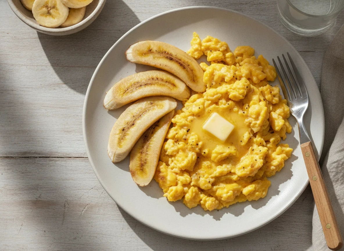 Ovos mexidos com banana fatiada photo