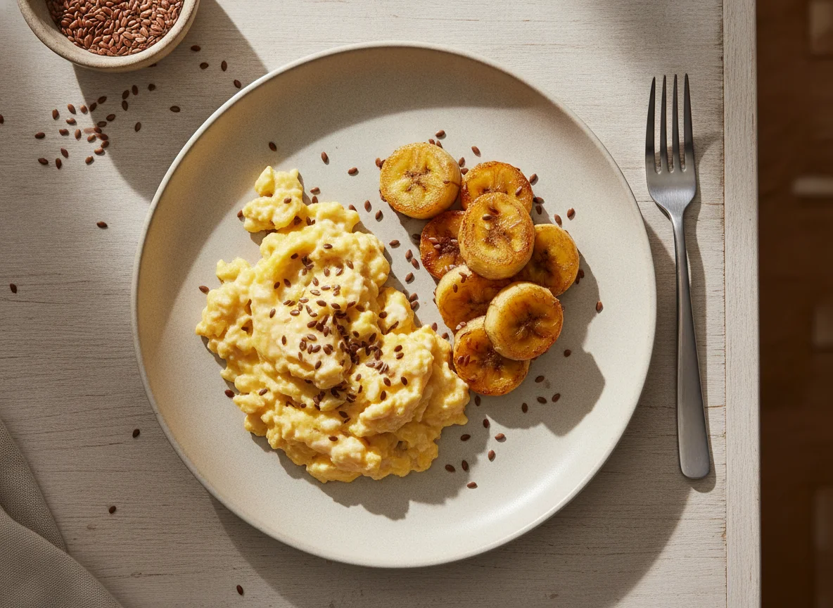 Ovos mexidos com banana frita e sementes photo