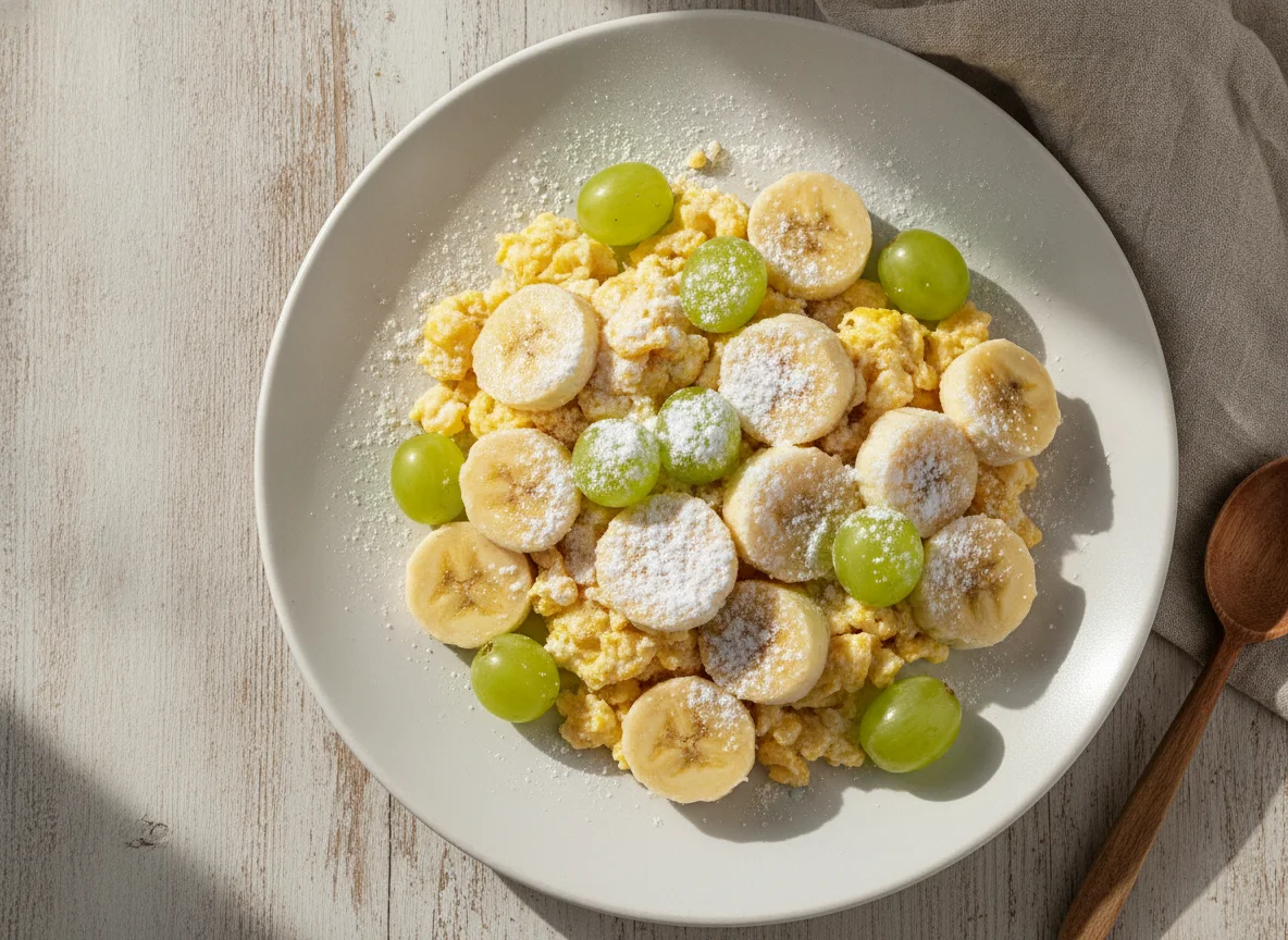 Ovos mexidos com banana, uvas e leite em pó photo