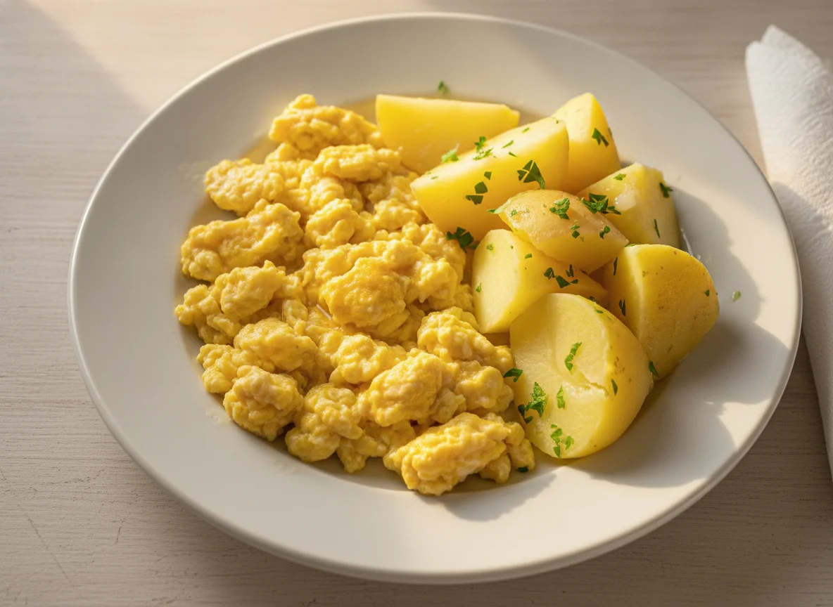 Ovos mexidos com batata cozida photo