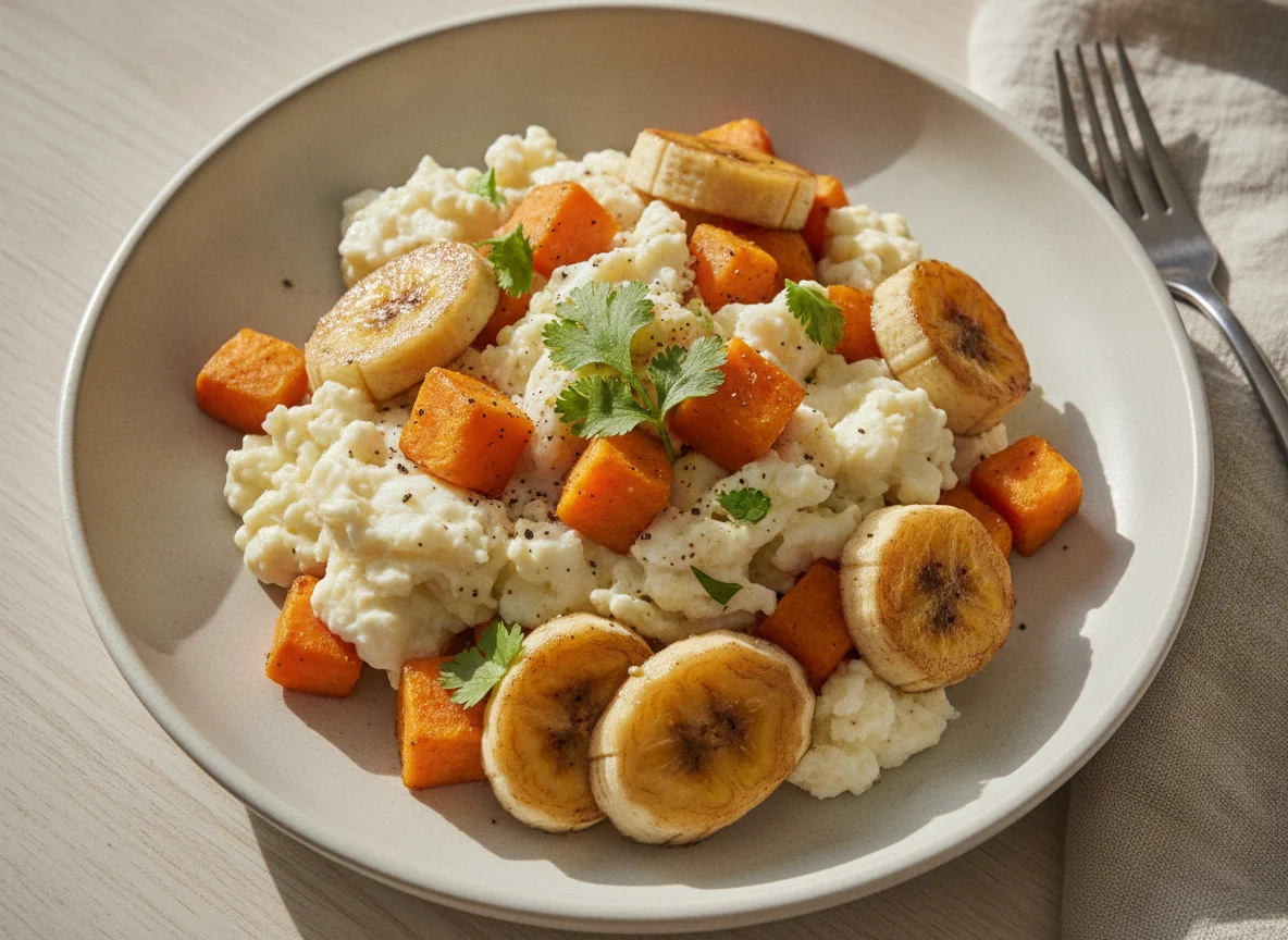 Ovos mexidos com batata doce e banana photo