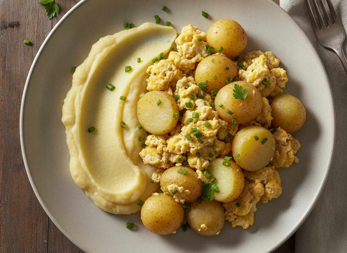Ovos mexidos com batata e purê de batata photo