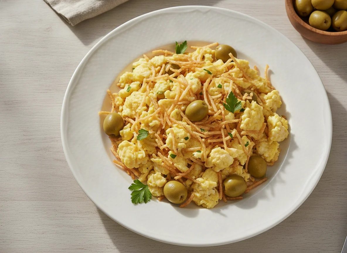 Ovos mexidos com batata palha e azeitonas photo