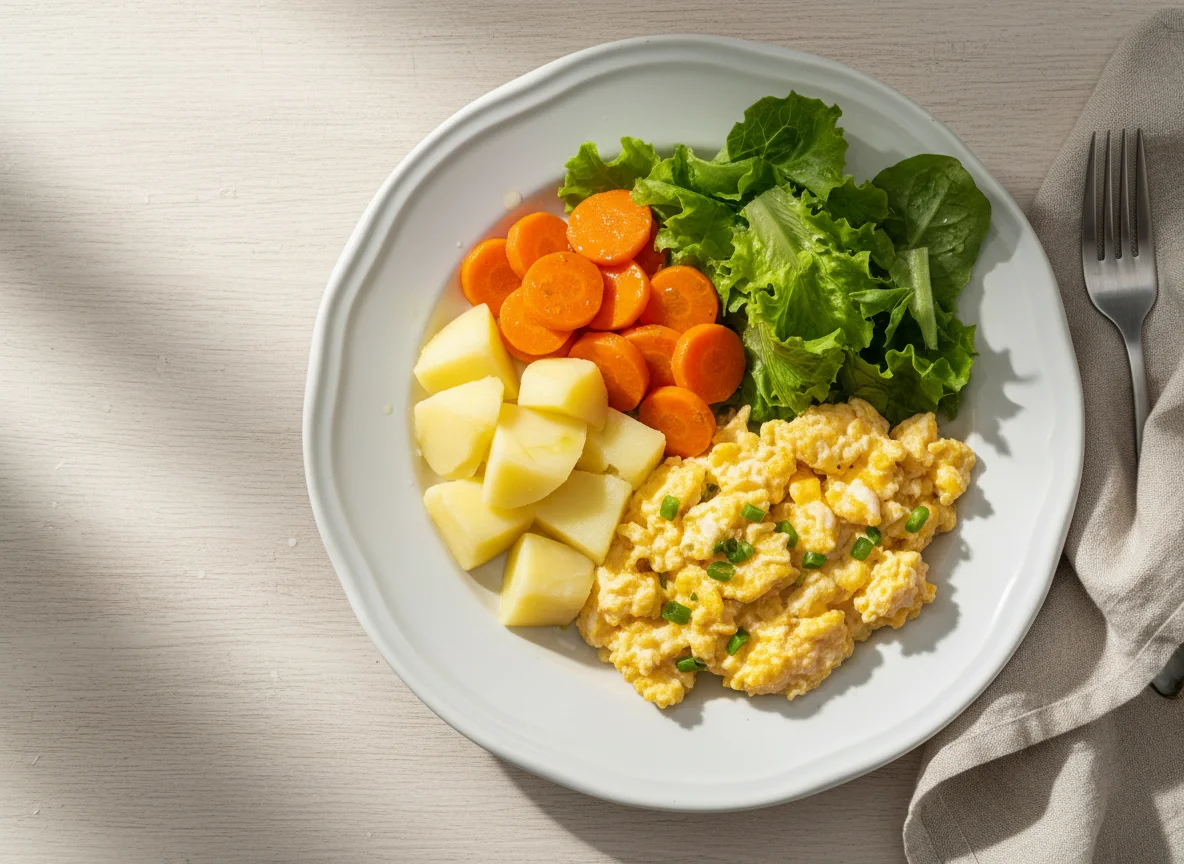 Ovos mexidos com batatas, cenouras e alface photo