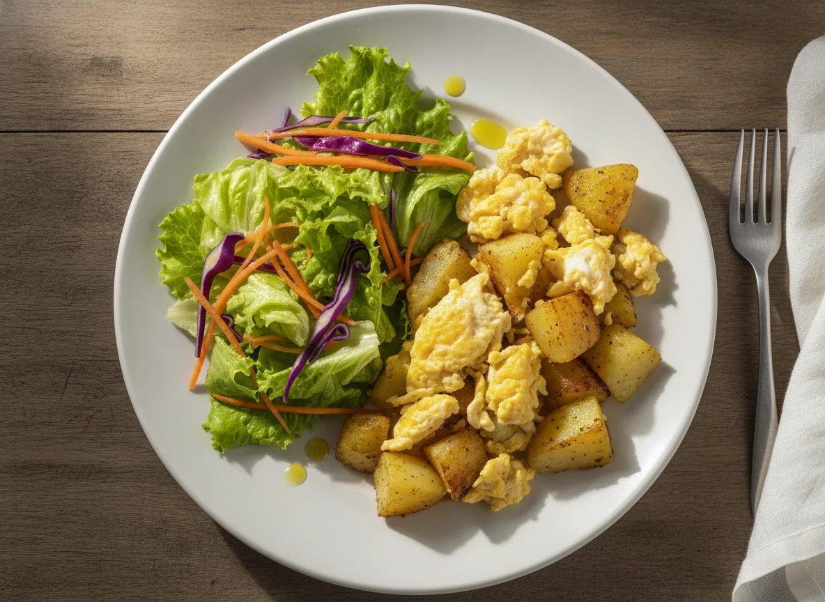 Ovos mexidos com batatas e salada photo