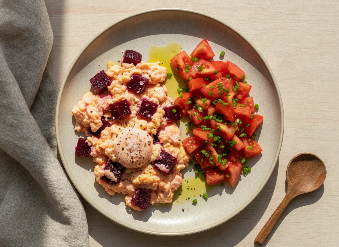 Ovos mexidos com beterraba e salada de tomate photo
