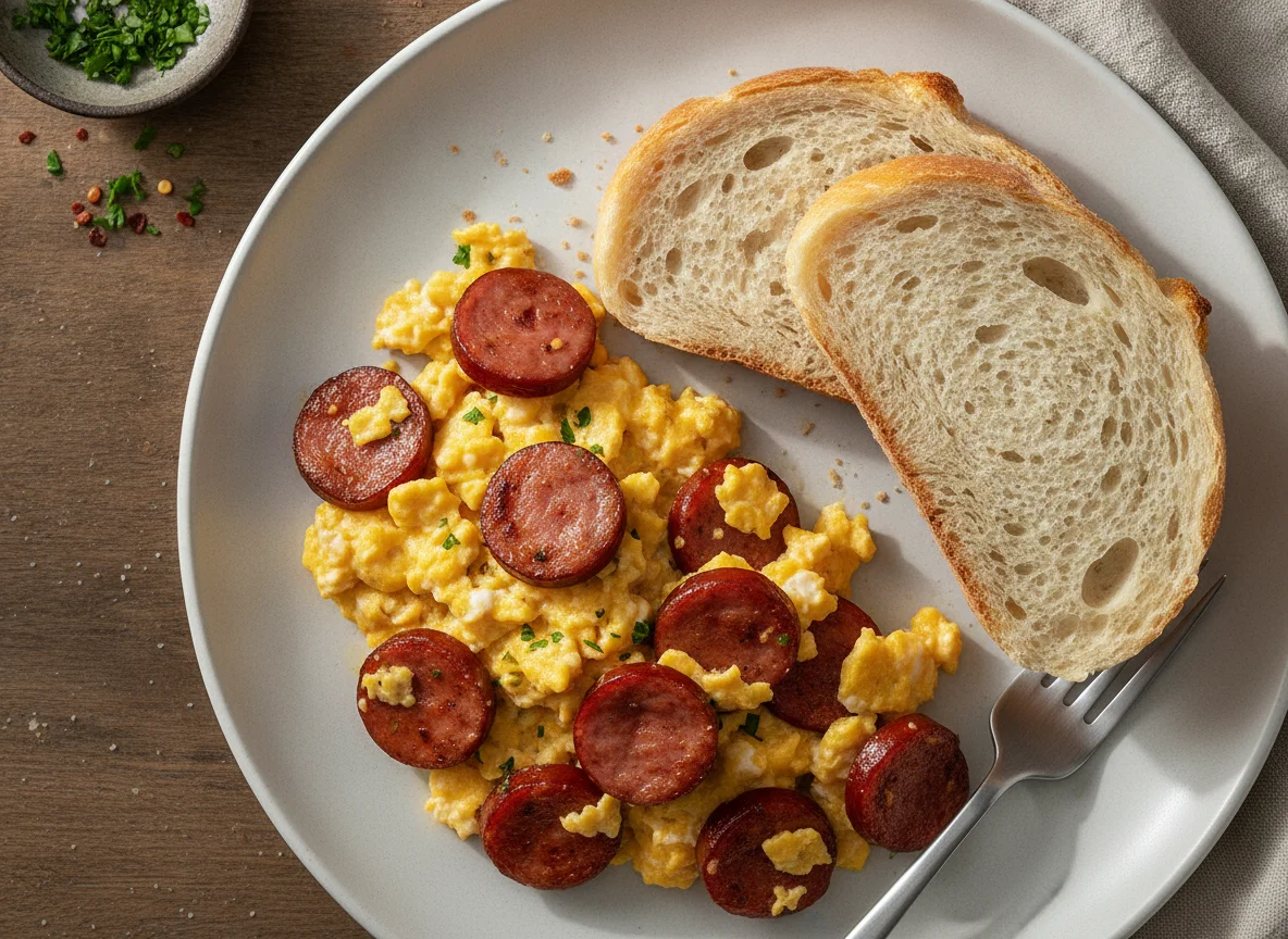 Ovos mexidos com calabresa e pão photo
