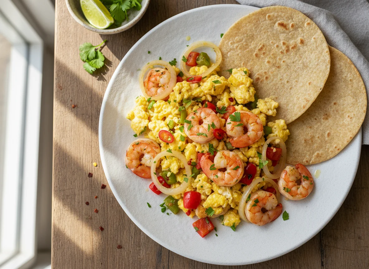 Ovos mexidos com camarão e vegetais com tortilha photo
