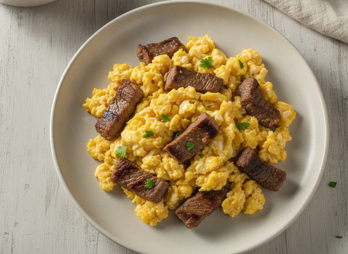 Ovos mexidos com carne photo