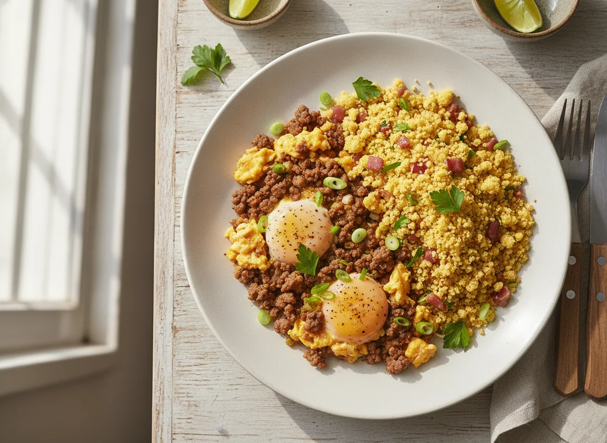 Ovos mexidos com carne moída e farofa photo