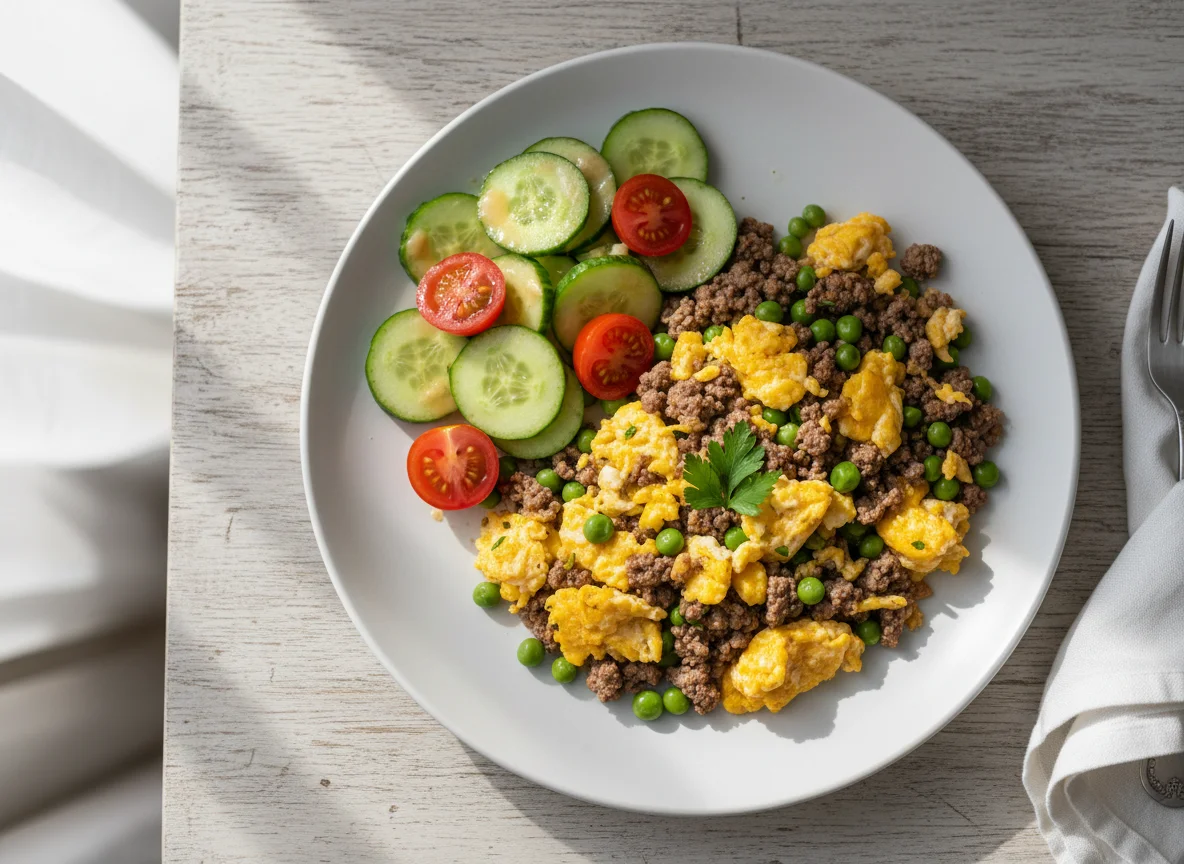 Ovos mexidos com carne moída e salada photo