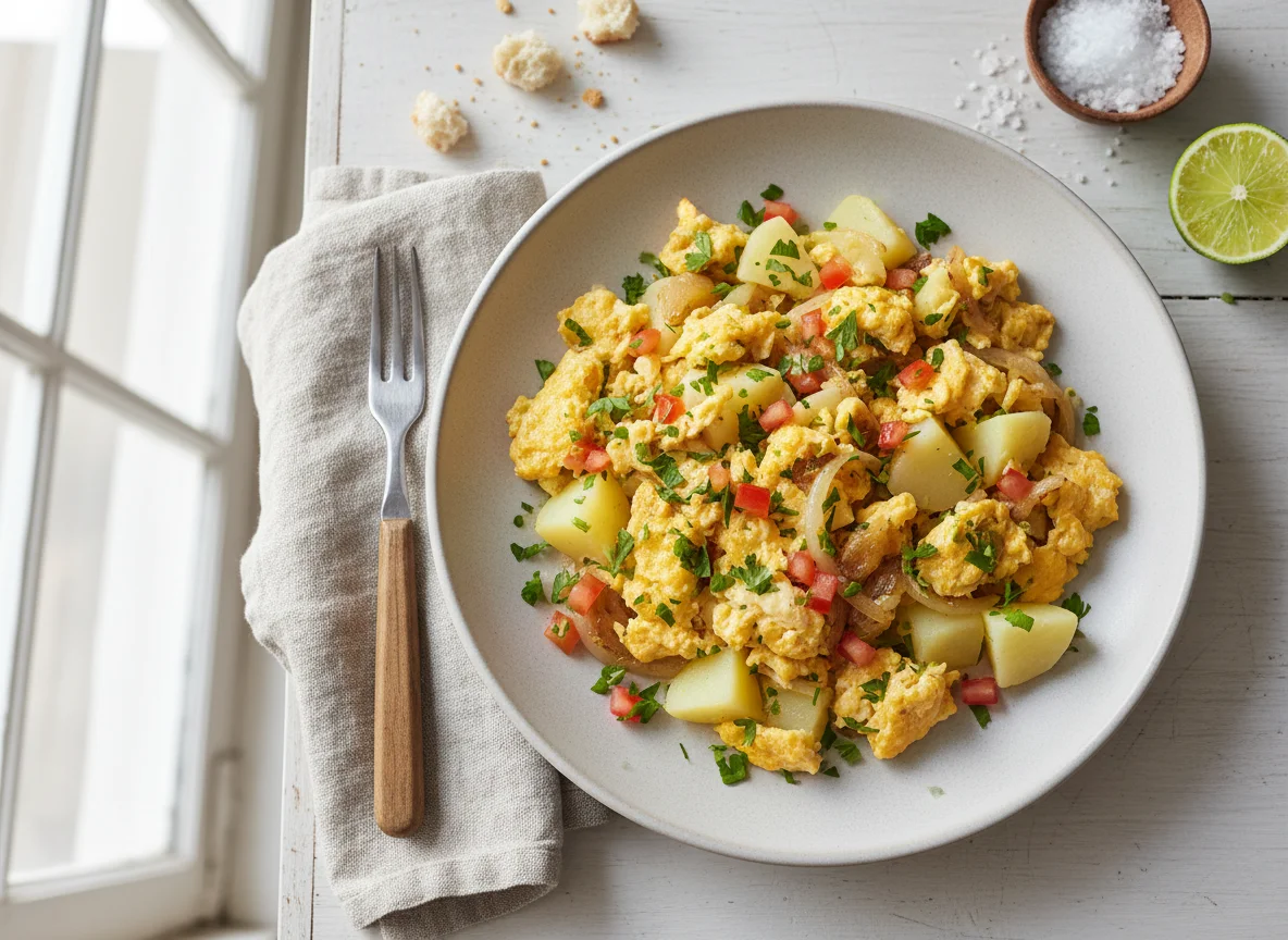 Ovos mexidos com cebola e batata photo