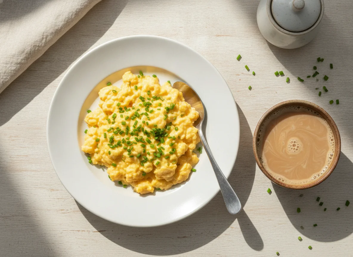 Ovos mexidos com cebolinha e café com leite photo