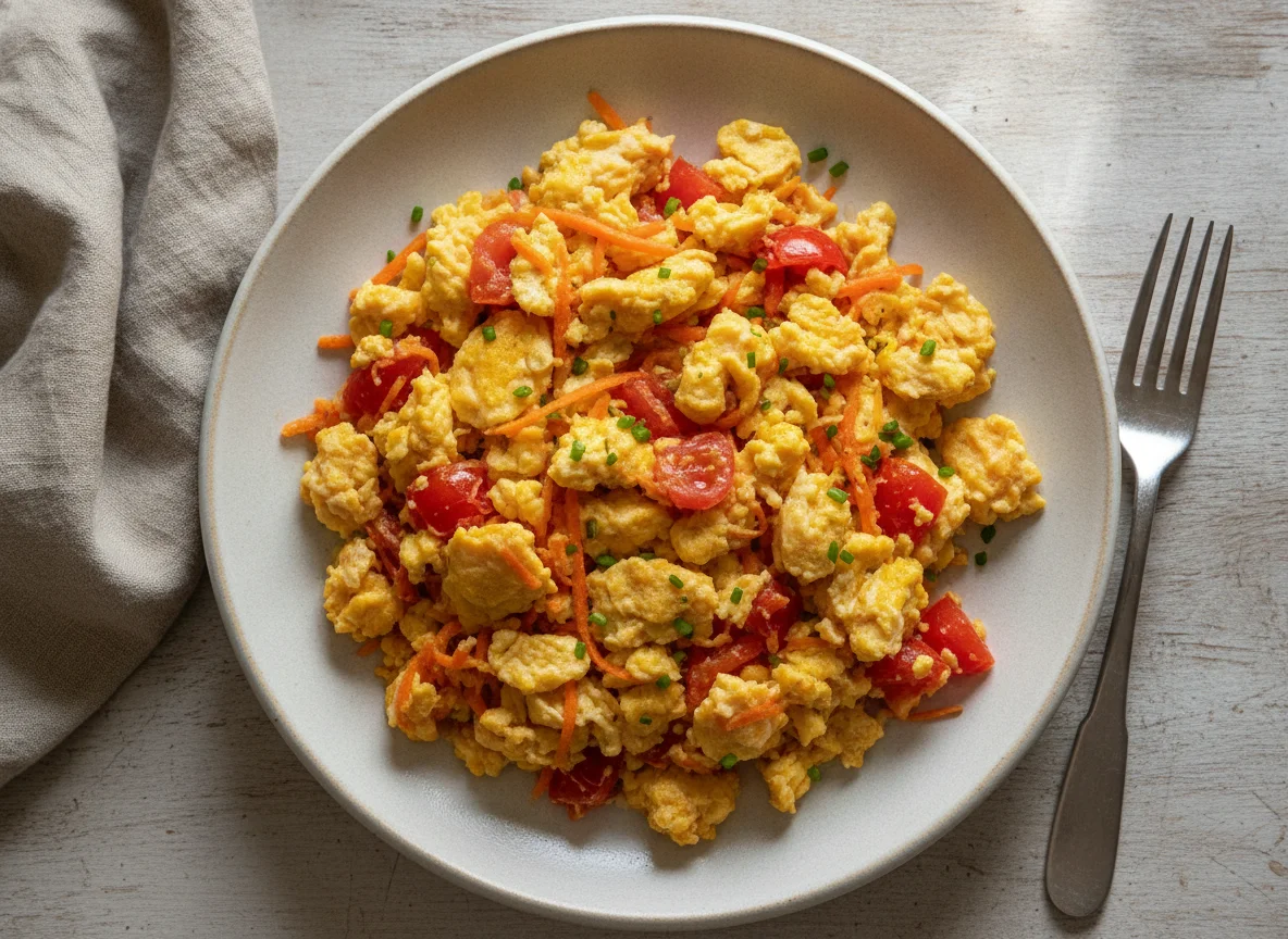 Ovos mexidos com cenoura e tomate photo
