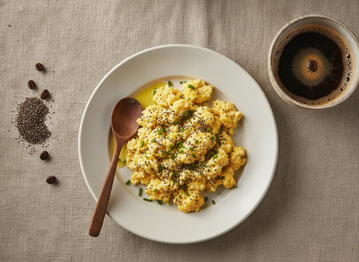 Ovos mexidos com chia e café photo
