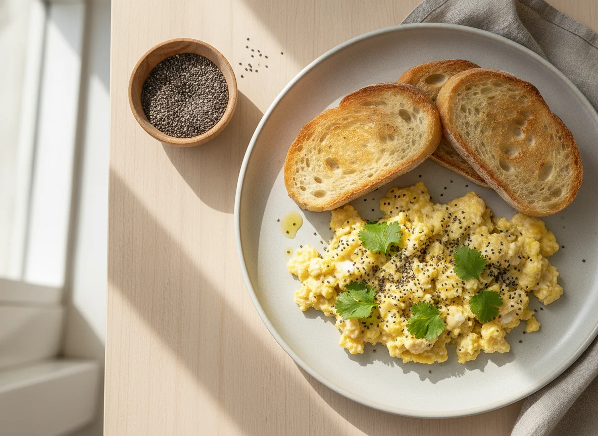 Ovos mexidos com chia e pão photo