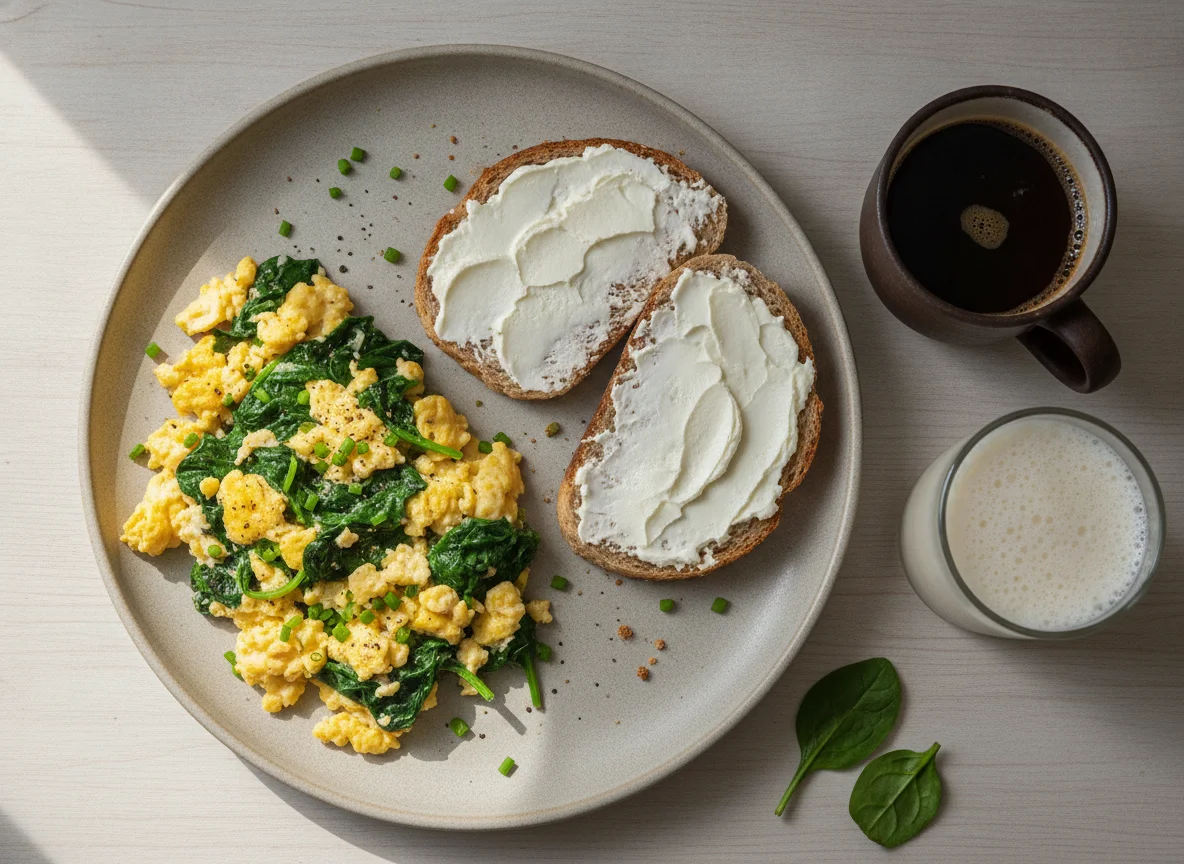 Ovos mexidos com espinafre, torrada com requeijão e café com NotMilk photo