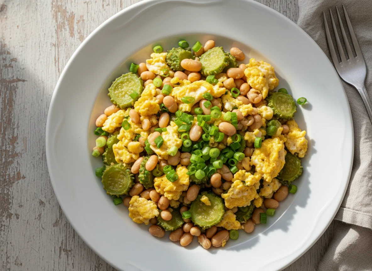 Ovos mexidos com feijão fradinho e maxixe photo